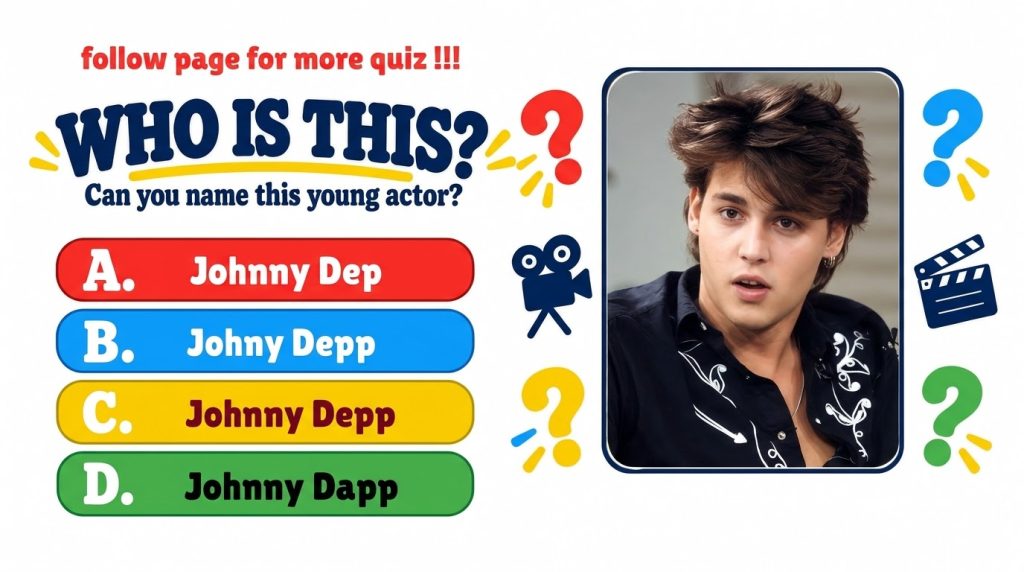 A brightly colored quiz graphic featuring a headshot of a young Johnny Depp with question marks and film icons asking WH