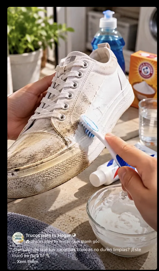 A person s hands cleaning a dirty white sneaker with a toothbrush and a white paste The shoe shows a before and after ef