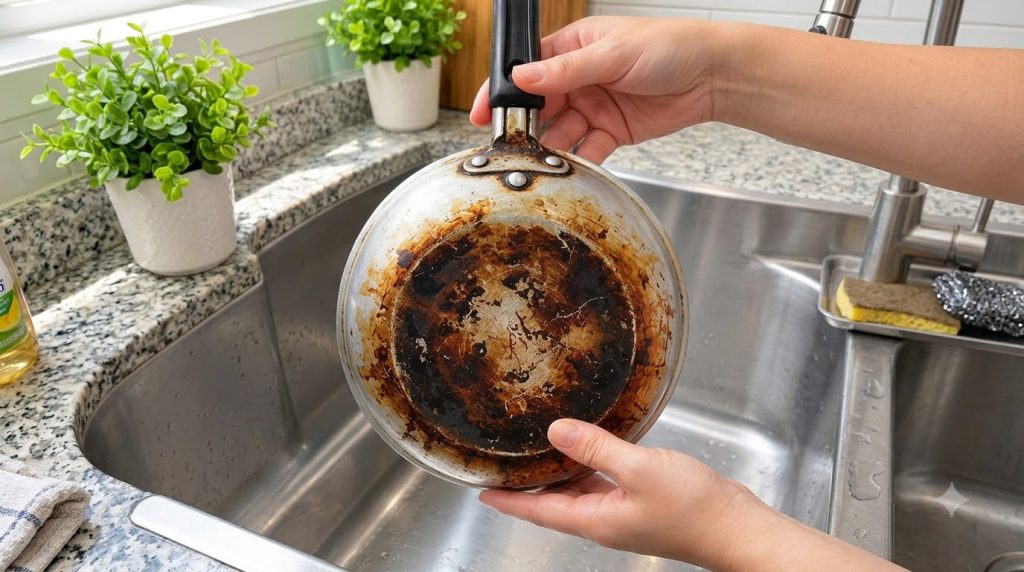 A person s hands holding up a heavily soiled frying pan over a kitchen sink with the pan s burnt and scratched bottom fa