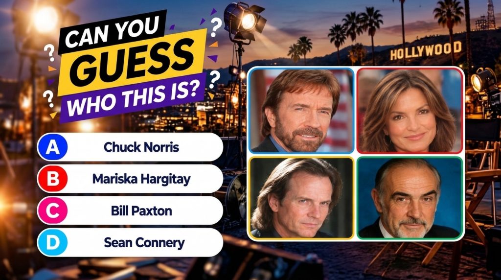 A celebrity multiple-choice quiz image with four headshots Chuck Norris Mariska Hargitay Bill Paxton and Sean Connery di