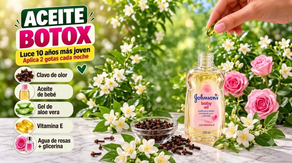 Una botella de Aceite para Bebé Johnson s con una mano añadiendo líquido de una cápsula de gel Alrededor hay clavos de o