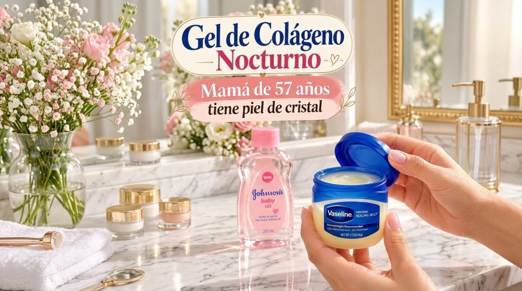 Hands holding an open jar of Vaseline petroleum jelly on a reflective marble surface with a blurred bottle of Johnson s