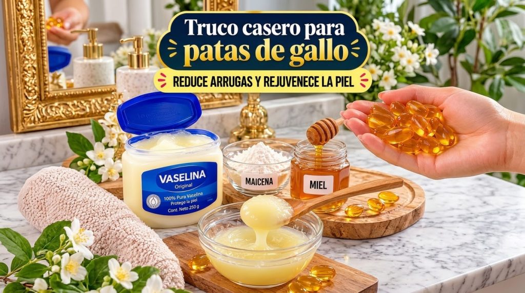 Ingredientes para el truco casero vaselina maicena miel y cápsulas de vitamina E dispuestos en un flat lay