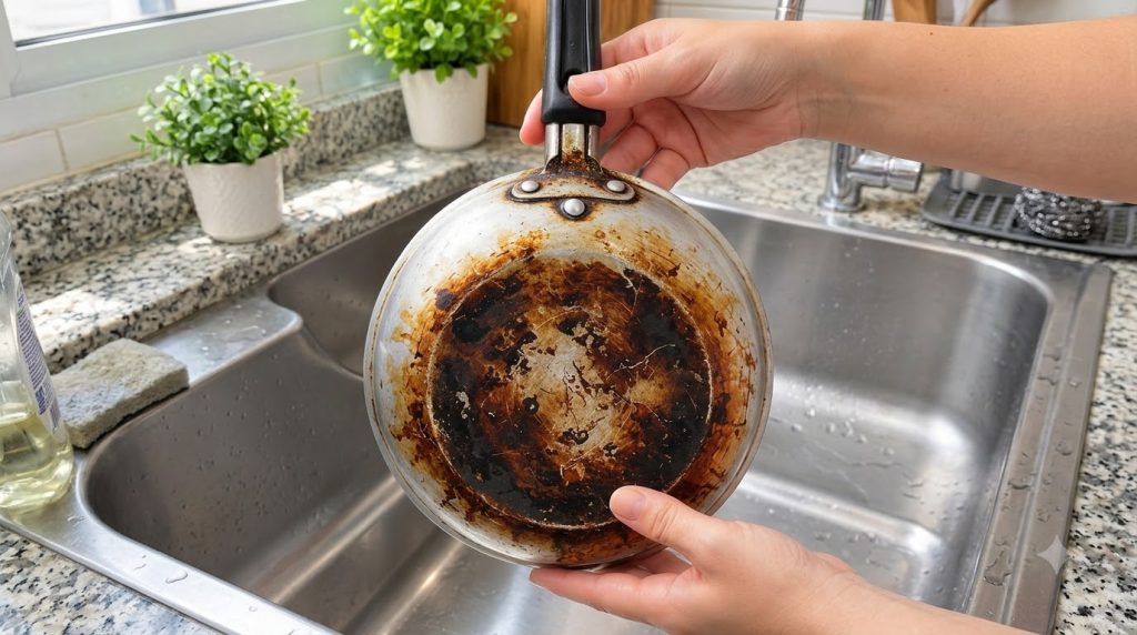 Una persona sosteniendo una sartén muy quemada y sucia sobre un fregadero de cocina de acero inoxidable con residuos osc