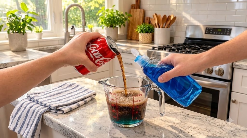 Two hands pouring Coca-Cola from a red can and blue dish soap from a clear bottle into a clear glass measuring cup creat