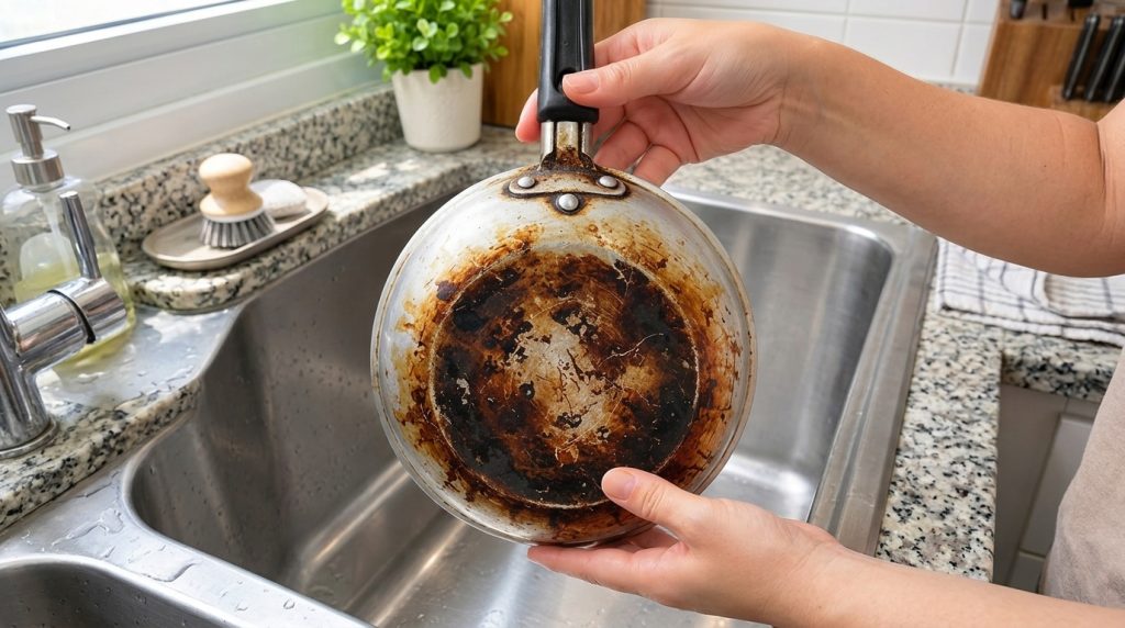 A close-up of a person s hands holding a heavily burnt and greasy skillet over a stainless steel sink highlighting the d