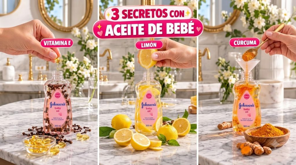 Three bottles of Johnson s baby oil each being infused with a different ingredient Vitamin E capsules lemon slices and t
