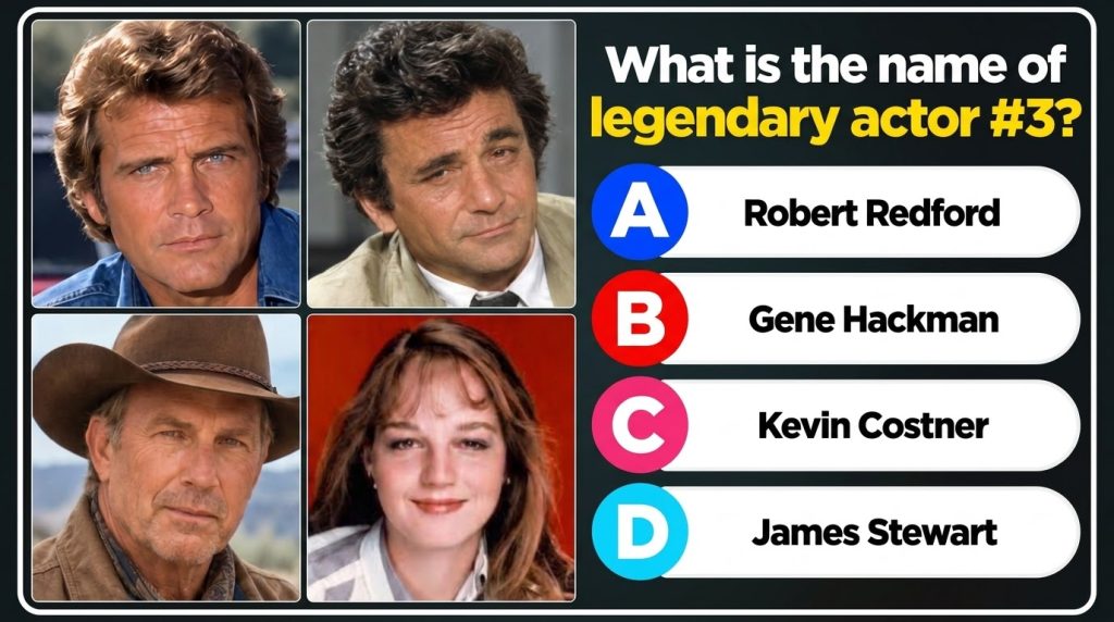A quiz grid showing four headshots Lee Majors Peter Falk Kevin Costner and Helen Hunt The question legendary actor 3 poi