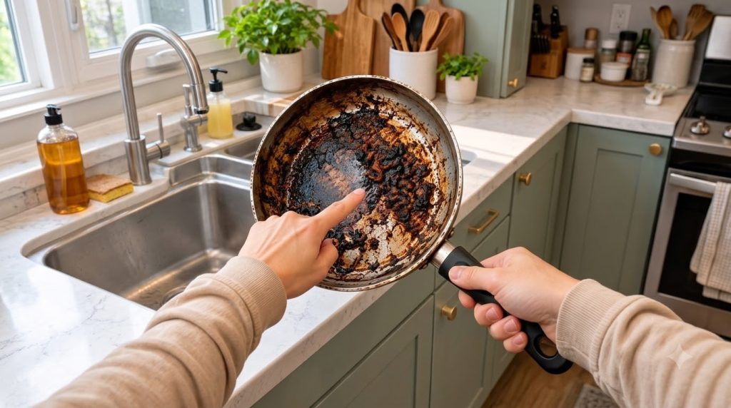 A close-up of hands holding a badly burnt frying pan over a kitchen sink with one finger pointing at the stubborn residu