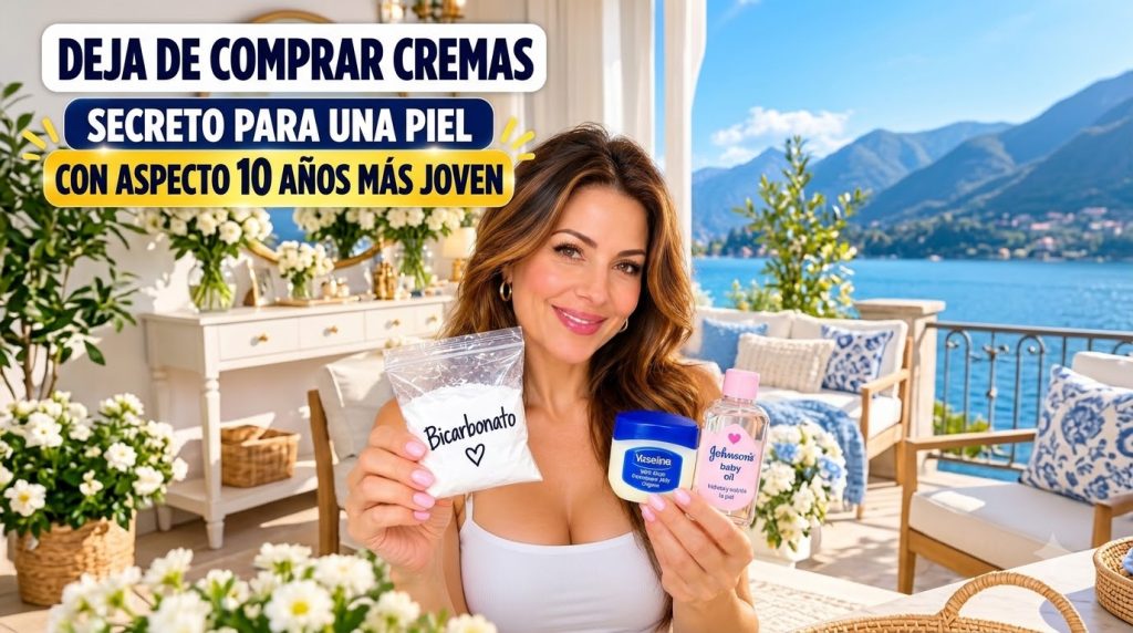 A smiling woman holding baking soda Vaseline and baby oil with a bright inviting background
