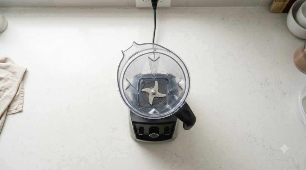 A sleek modern blender on a minimalist kitchen countertop ready for use