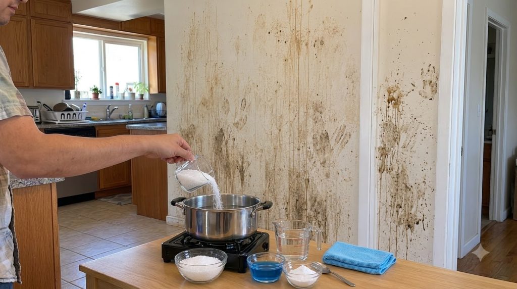 A hand pouring coarse salt from a measuring cup into a pot of water with other cleaning ingredients like blue dish soap