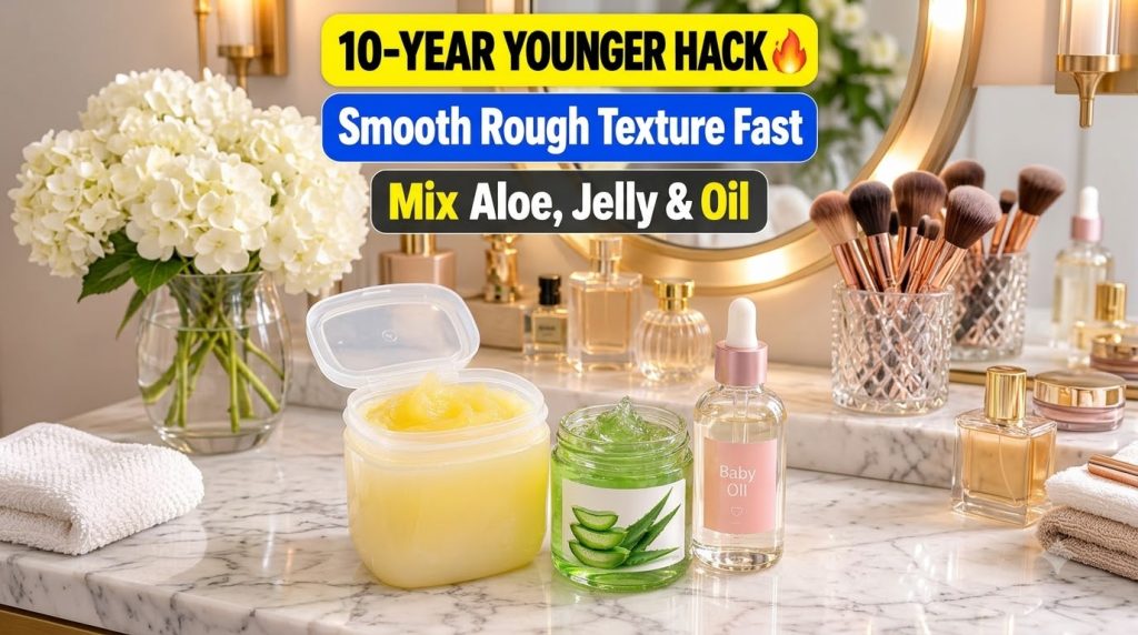 Three skincare ingredients an open tub of petroleum jelly a jar of aloe vera gel and a bottle of baby oil with a dropper