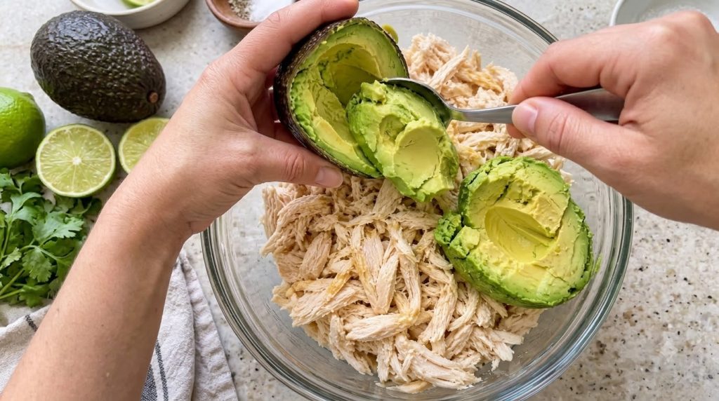 Hands scooping avocado into a bowl of shredded chicken showing the vibrant green of the avocado and the texture of the c