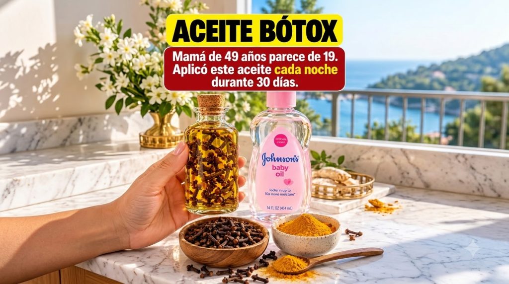 A close-up of a hand holding a glass bottle filled with oil and cloves next to a bottle of baby oil Bowls of loose clove