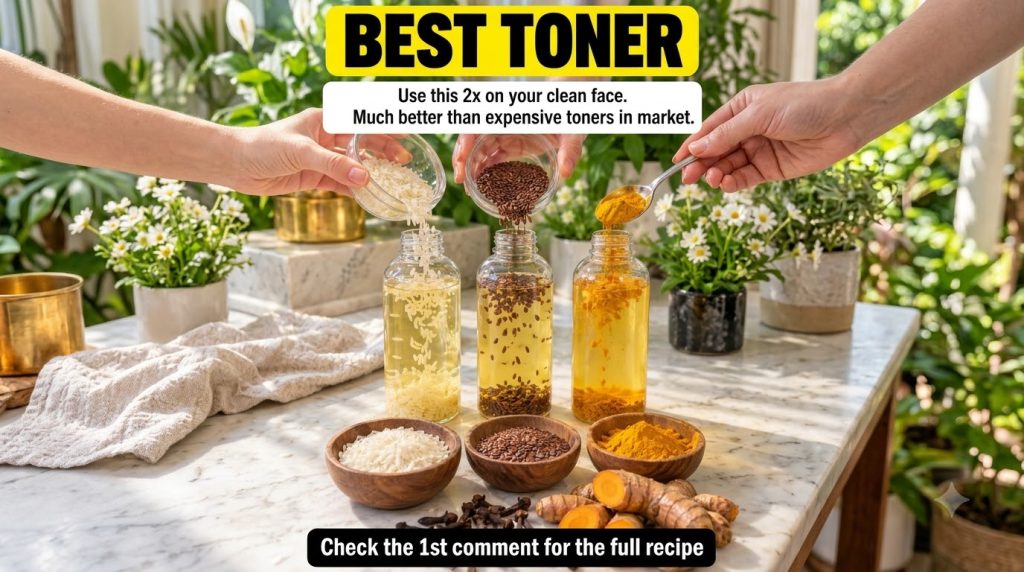 Three clear bottles of baby oil being infused with rice flaxseeds and turmeric surrounded by raw ingredients on a light 