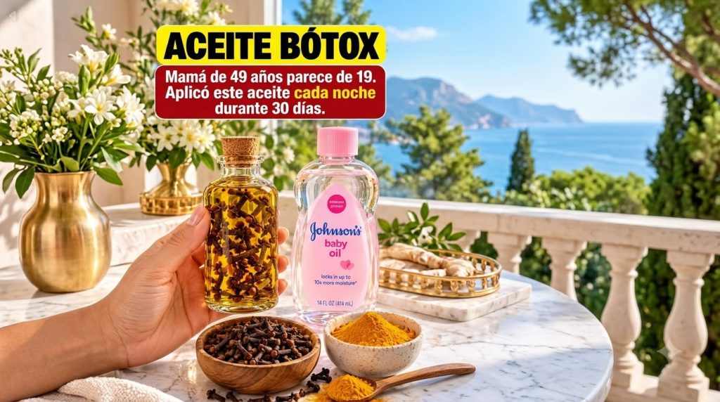 A close-up of a hand holding a glass bottle with oil and cloves next to a bottle of baby oil In the foreground bowls of 