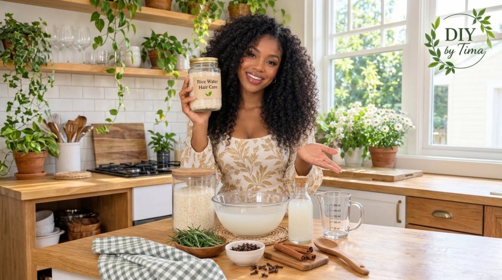 A Black woman with curly hair in a kitchen holding a jar of rice water with various natural ingredients like rice rosema