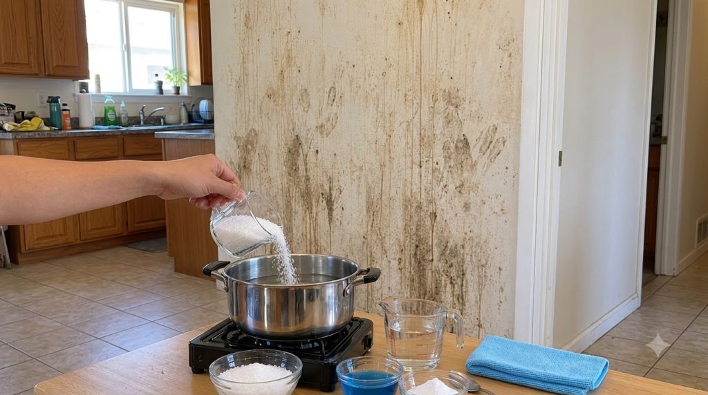 A hand pouring white pellets into a pot of water on a hot plate with various ingredients on a wooden table and a very di