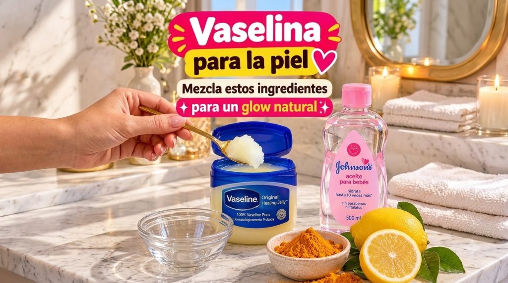 A hand scooping Vaseline from a jar with a golden spoon surrounded by Johnson s baby oil turmeric powder and fresh lemon