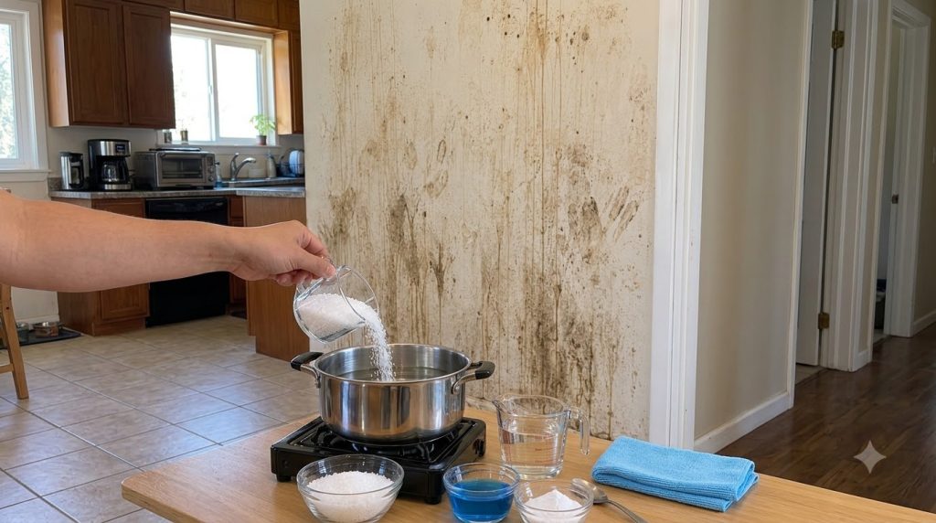 A hand pouring white granular pellets from a clear measuring cup into a metal pot with water on a hot plate surrounded b
