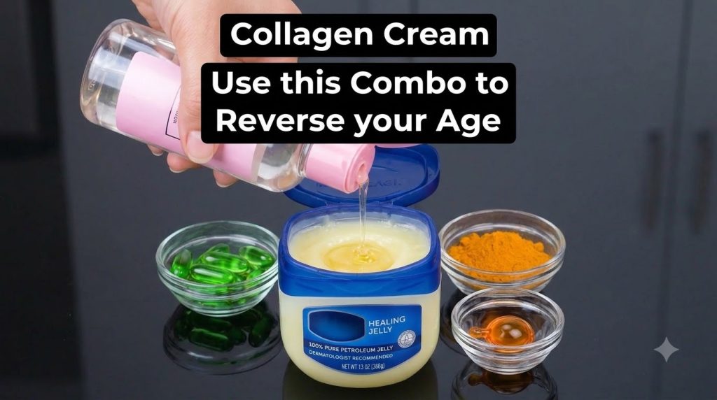 A close-up shot of ingredients for DIY collagen cream featuring a hand pouring oil into petroleum jelly surrounded by bo