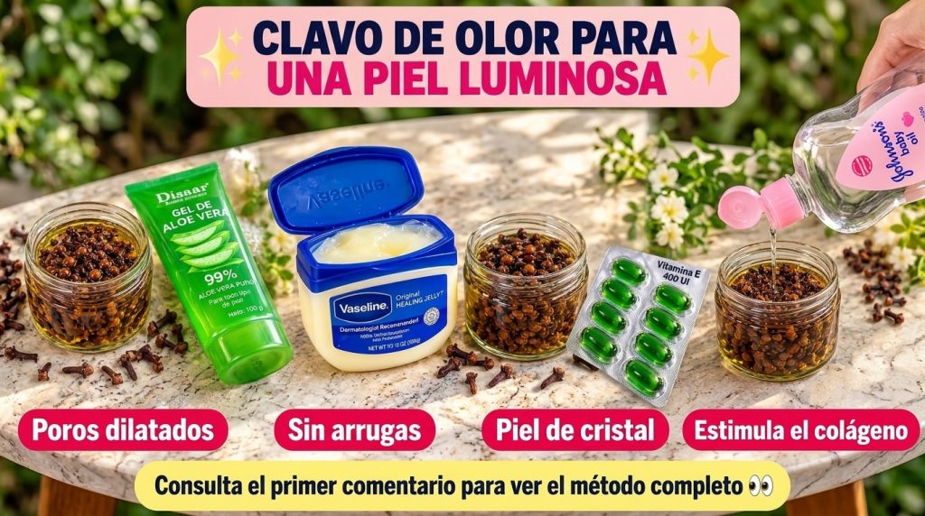 Collage vertical de una receta de belleza DIY con clavo de olor aloe vera vaselina vitamina E y aceite de bebé destacand