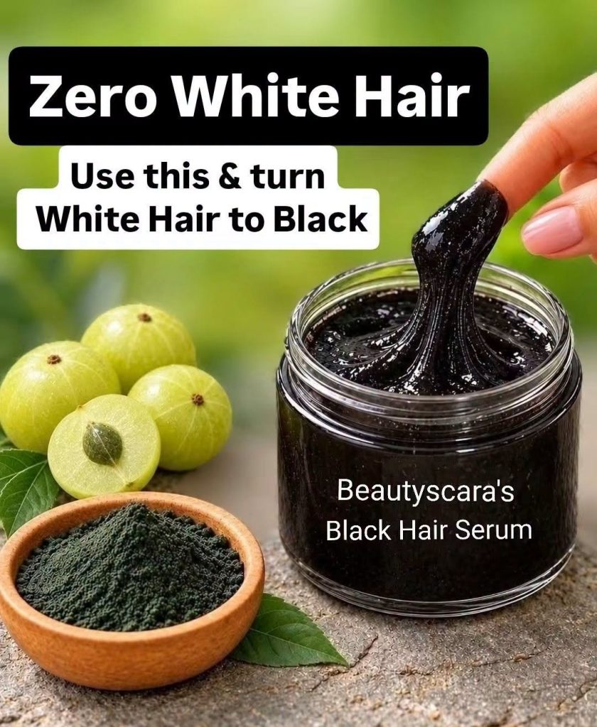 A close-up of Beautyscara s Black Hair Serum in a glass jar with a finger dipped in surrounded by fresh Amla fruits one 