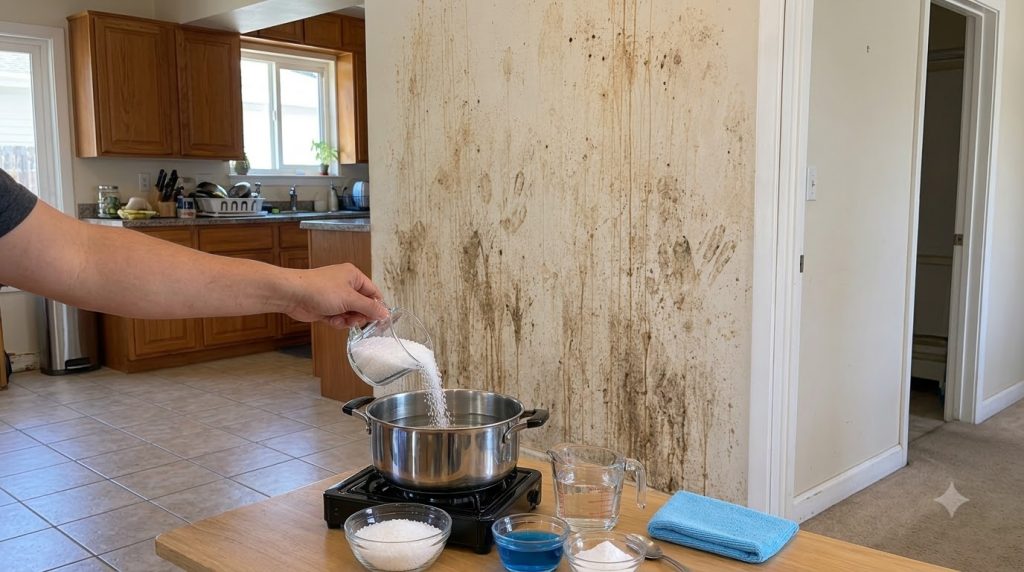 A hand pouring white granular material from a clear measuring cup into a pot of water on a portable electric stove with 