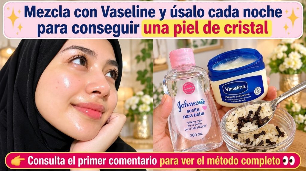 A woman s face with glowing skin in the top half and in the bottom half a bottle of Johnson s baby oil a jar of Vaseline