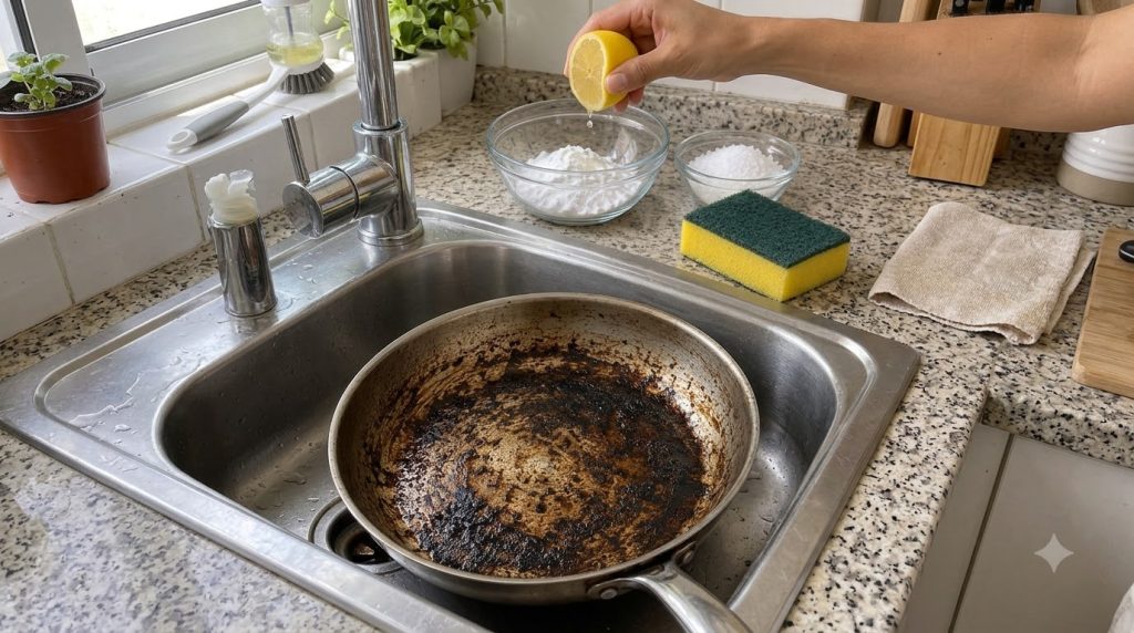 Una persona exprimiendo un limón sobre una sartén muy sucia que ya tiene bicarbonato de sodio y sal gruesa La sartén est
