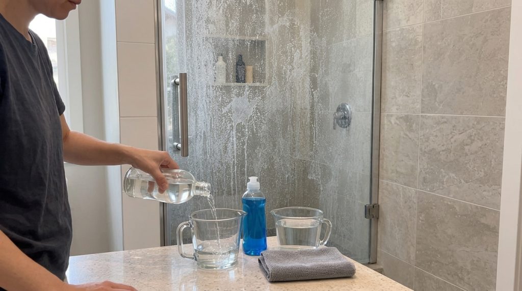 A hand pouring white vinegar from a clear bottle into a measuring cup on a bathroom countertop with a blue dish soap bot