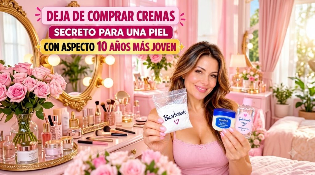 A smiling woman holding a bag of baking soda a jar of Vaseline and a bottle of baby oil She is wearing a pink camisole w