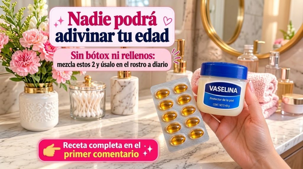 A hand holding a blister pack of golden capsules and a jar of Vaseline on a blurred bathroom counter with pink flowers