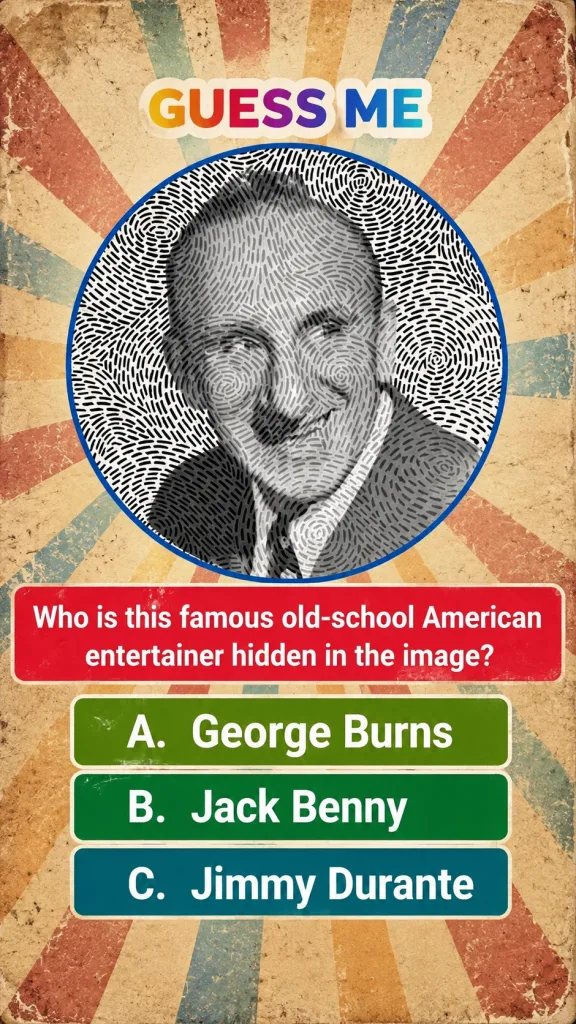 Vintage black and white portrait of a young to middle-aged Jimmy Durante with a subtle smile stylized with old-school gr