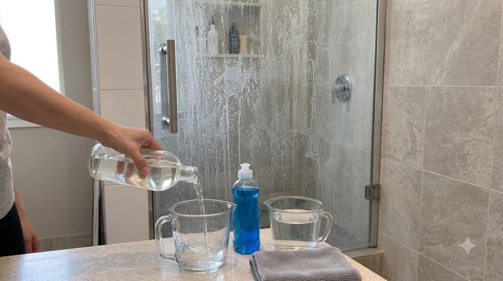 A person s hand pouring water from a clear bottle into a glass measuring cup next to a bottle of blue dish soap with a d