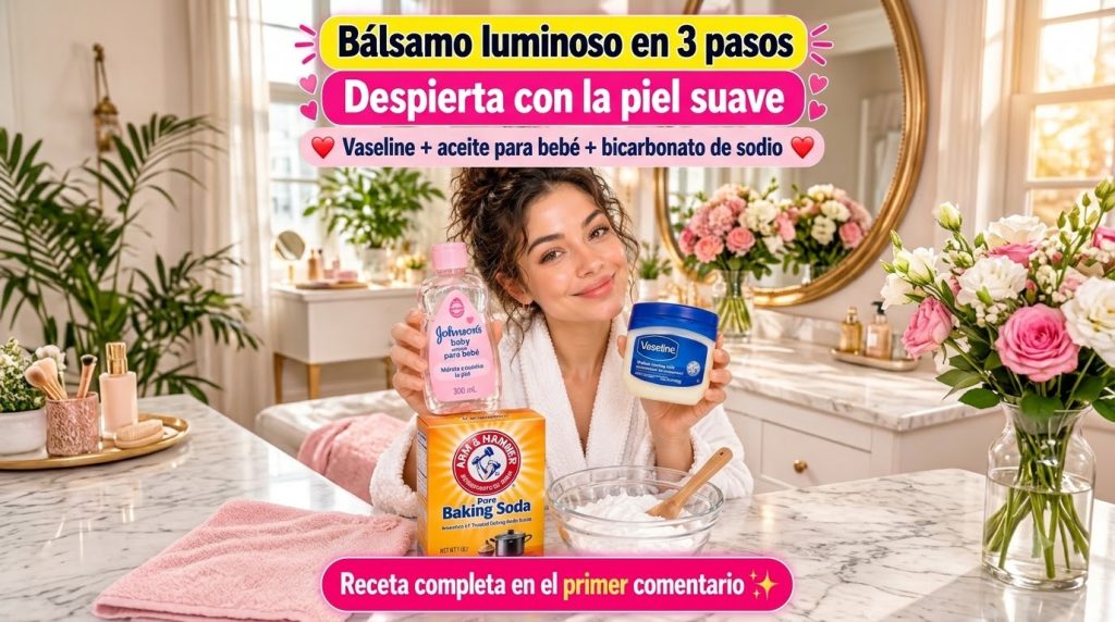 A smiling woman in a white bathrobe holding a bottle of Johnson s Baby Oil and a jar of Vaseline with a box of Arm Hamme