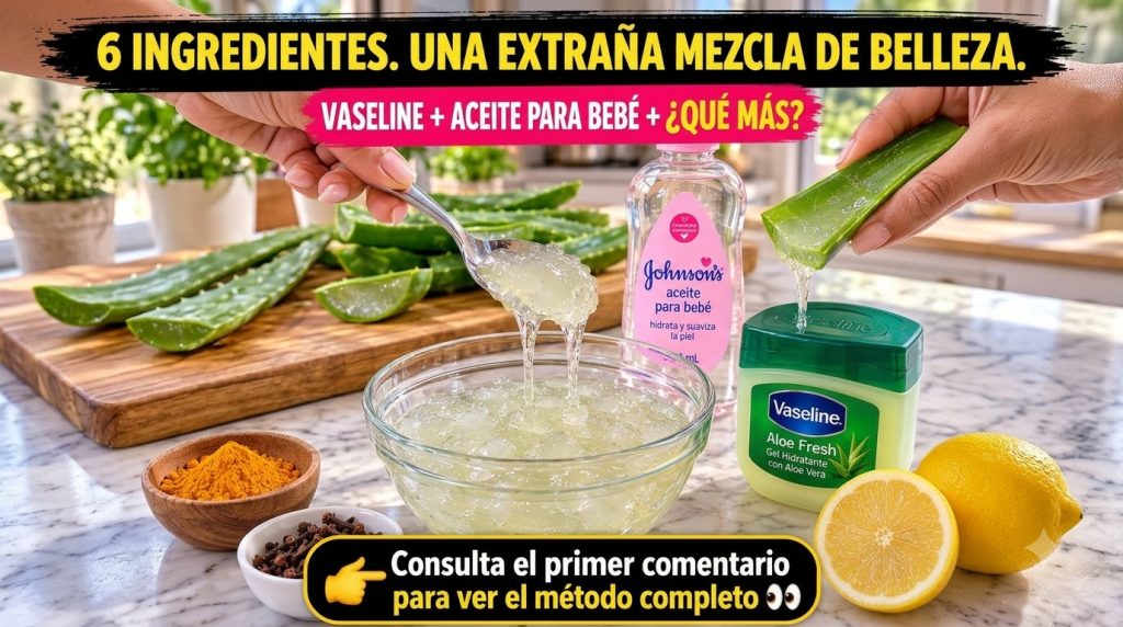 A glass bowl with aloe vera gel being scooped by a spoon surrounded by a bottle of baby oil a tub of Vaseline cut aloe v