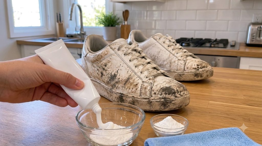 A hand squeezing white toothpaste into a glass bowl with baking soda with dirty white sneakers in the background on a wo