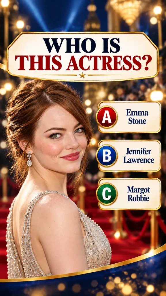 Emma Stone smiling on a red carpet wearing a glamorous gown with red hair similar to the quiz image