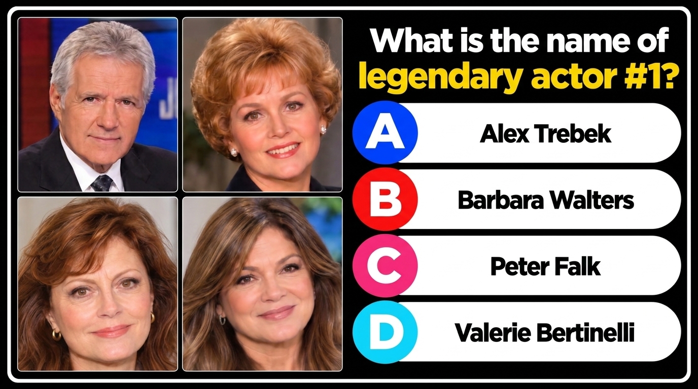 A multiple-choice quiz image showing four celebrity headshots Alex Trebek an older woman with short blonde hair Susan Sa