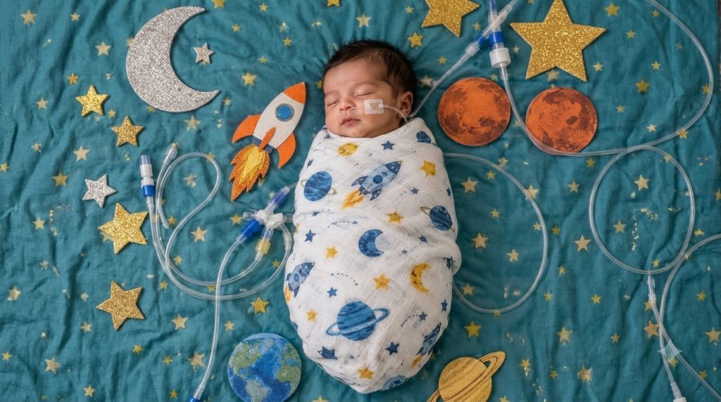 A peacefully sleeping baby swaddled in a white space-themed blanket lying on a teal hospital sheet with medical tubing a
