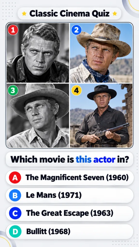 A 2x2 grid classic cinema quiz featuring four headshots of actor Steve McQueen in various movie roles some in black and