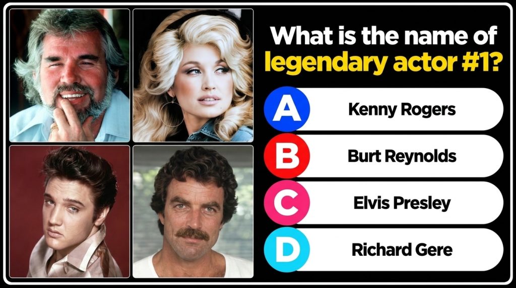 A quiz graphic showing four celebrity headshots arranged in a 2x2 grid featuring Kenny Rogers Dolly Parton Elvis Presley