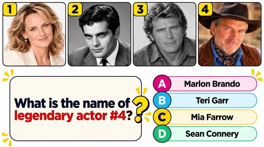 A visual quiz layout with four headshots of famous actors numbered 1-4 and a question What is the name of legendary acto