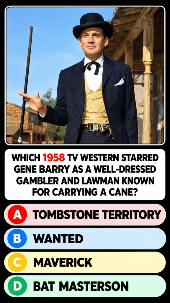 Gene Barry as Bat Masterson in a pinstripe suit golden vest and bowler hat holding a cane standing on a wooden porch of 