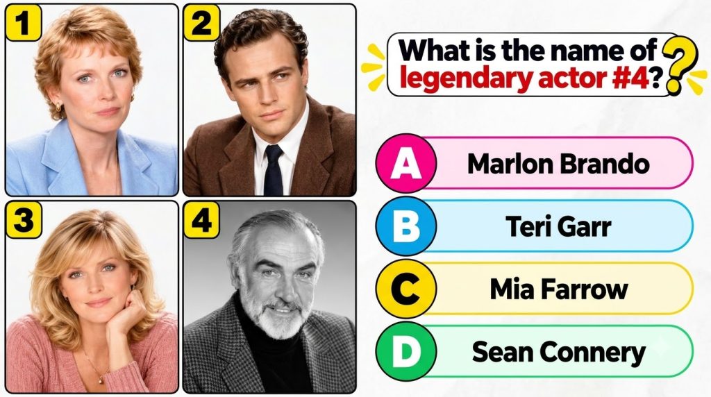 A quiz graphic with four headshots of different actors actresses in a 2x2 grid asking to identify legendary actor 4 with