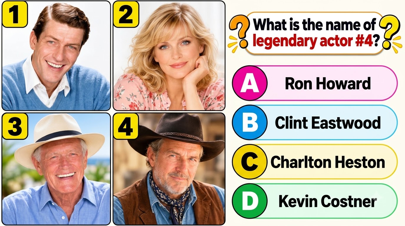 A celebrity quiz image showing four headshots and a multiple-choice question asking to identify legendary actor 4 Actor 