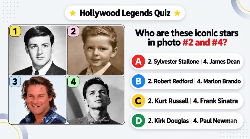 A Hollywood Legends Quiz graphic showing four portraits of classic and modern actors in a 2x2 grid with a multiple-choic