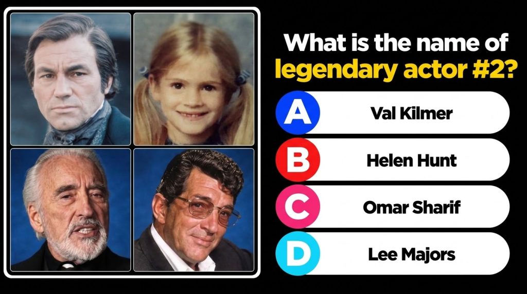 A 2x2 grid of celebrity portraits above a quiz question The portraits feature Benicio del Toro a young Julia Roberts Chr